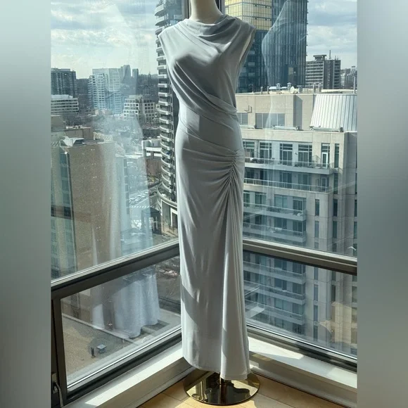 🆕 SIMKHAI 🧿 NWOT Acacia Draped Ruched Jersey Midi Dress, Blue Haze - Sz L - Picture 12 of 16